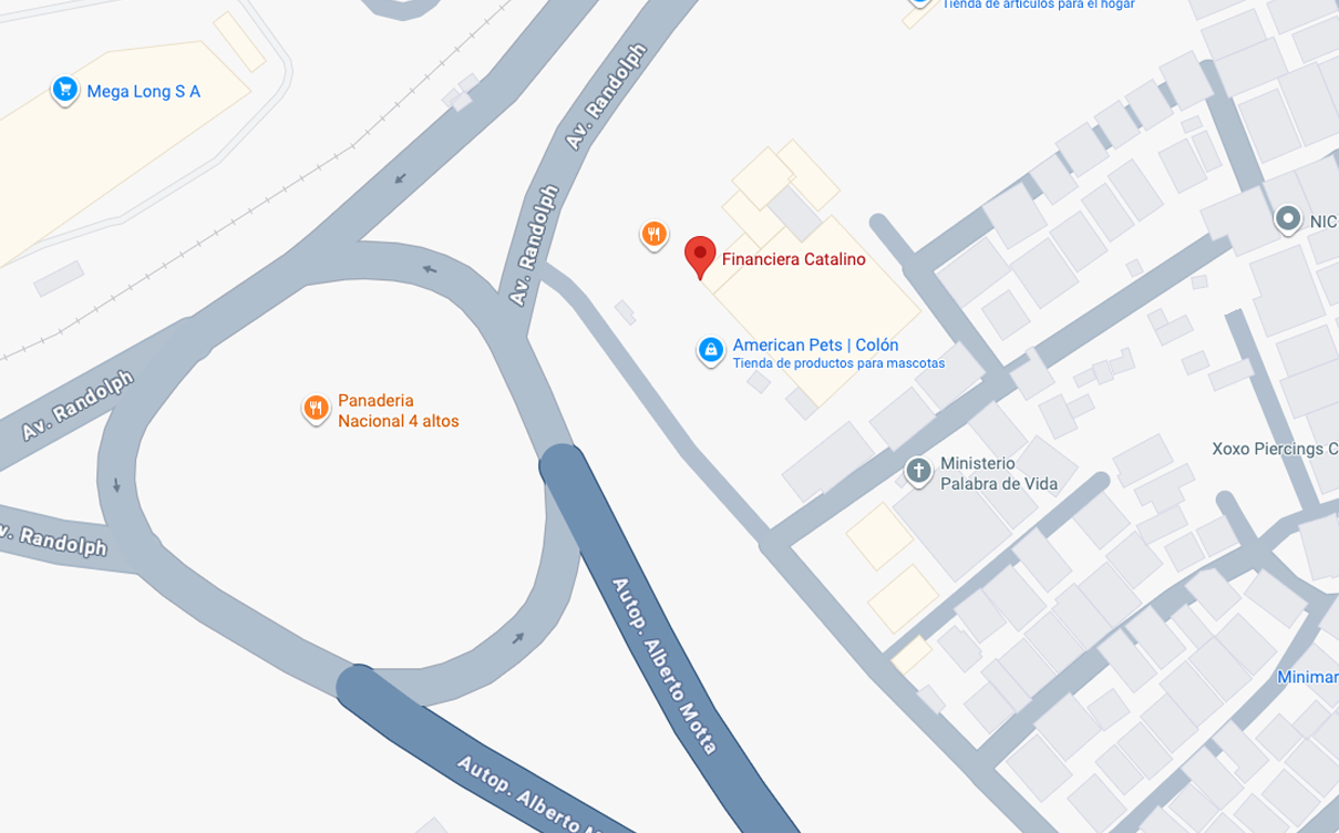 Ubicación de Financiera Catalino: Préstamos Personales y Financiamiento de Autos más cerca de ti en la Plaza Comercial La Rotonda de los Cuatro Altos, Colón, República de Panamá